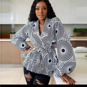 Black and White Wrap Blouse with Long Sleeves and Notched Collar